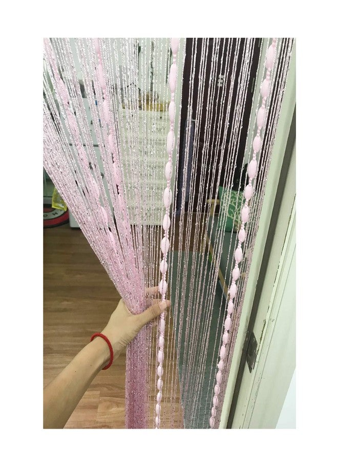 Eyotool Door String Curtain Flat Silver Ribbon Thread with Shaggy Tassel Room Divider, 39’’x79’’ (Pink-style2) - Image 1